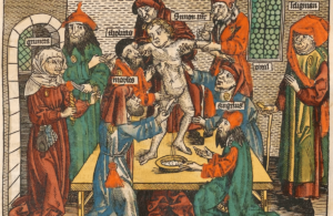 medieval scene of child on table surrounded by nine characters