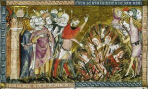 medieval scene of a mob attacking huddlled people